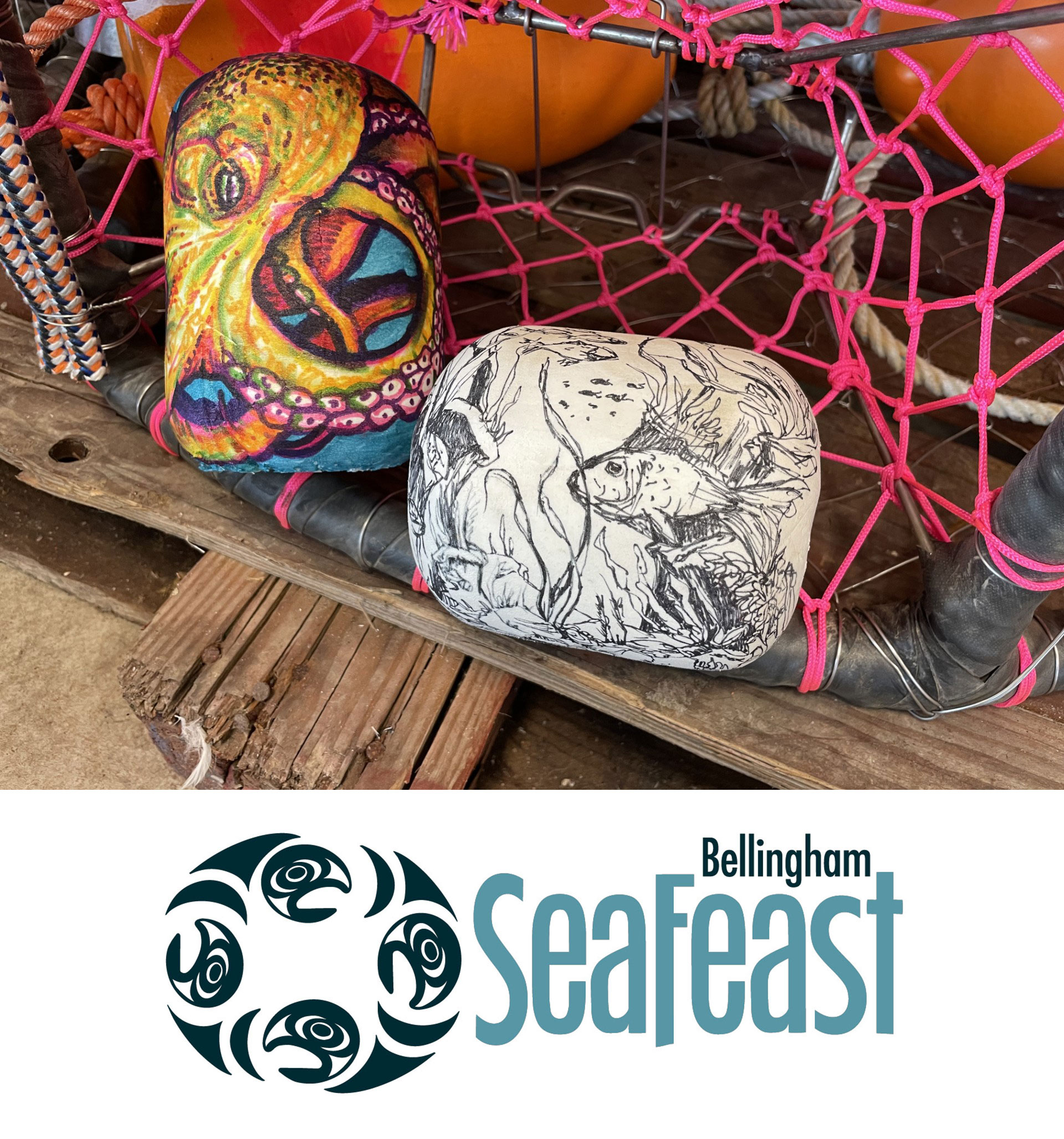 Picture of artisticly painted buoys. Bellingham Seafest logo